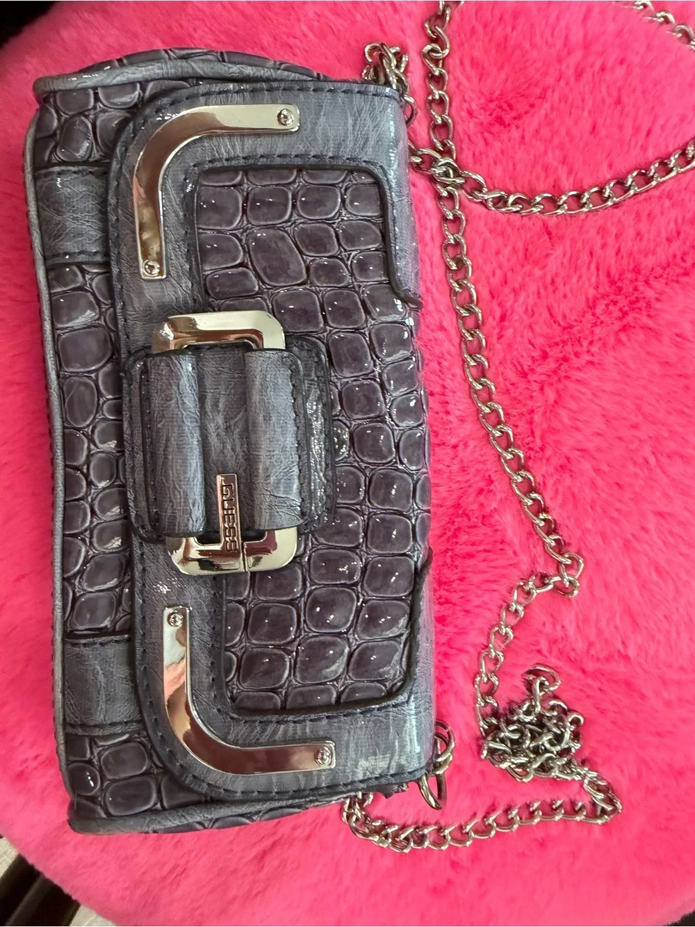 Vintage Guess Women’s Croc-Embossed Shoulder Bag in Lavender Gray
